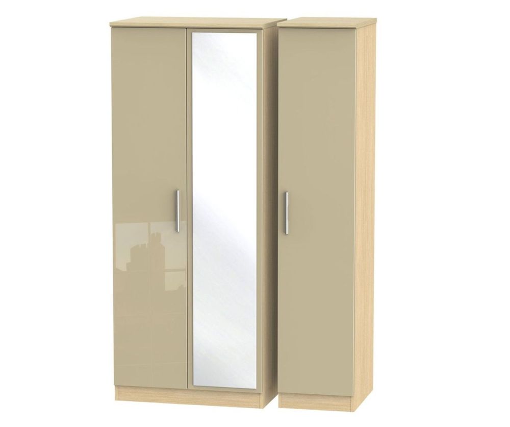 Welcome Furniture Knightsbridge High Gloss Mushroom and Light Oak 3 Door Mirror Triple Wardrobe