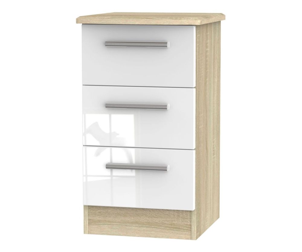 Welcome Furniture Knightsbridge High Gloss White And Bardolino 3 Drawer Locker Bedside Cabinet