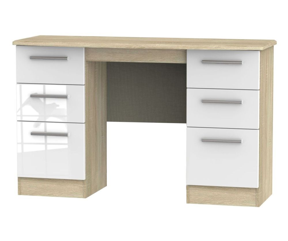 Welcome Furniture Knightsbridge High Gloss White And Bardolino Kneehole Double Pedestal Dressing Table