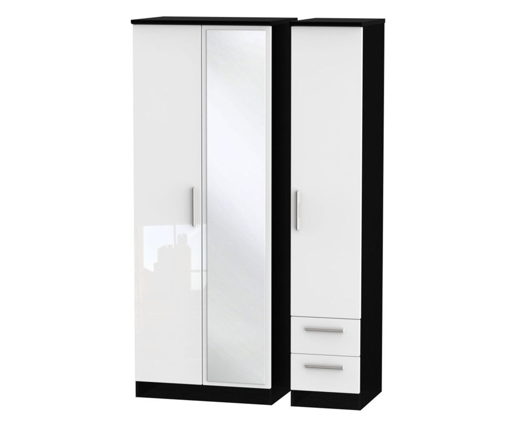 Welcome Furniture Knightsbridge High Gloss White and Black 3 Door 2 Drawer Tall Mirror Triple Wardrobe