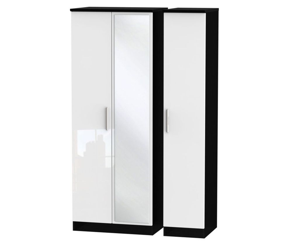 Welcome Furniture Knightsbridge High Gloss White and Black 3 Door Tall Mirror Triple Wardrobe