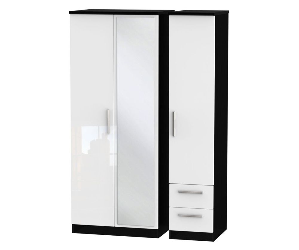 Welcome Furniture Knightsbridge High Gloss White and Black 3 Door 2 Drawer Mirror Triple Wardrobe
