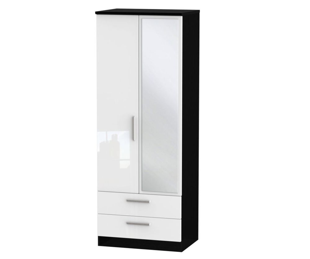 Welcome Furniture Knightsbridge High Gloss White and Black 2 Door 2 Drawer Tall Mirror Double Wardrobe