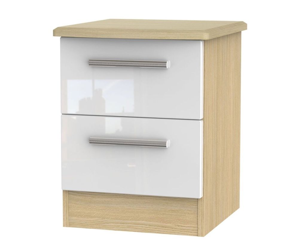 Welcome Furniture Knightsbridge High Gloss White and Light Oak 2 Drawer Locker Bedside Cabinet