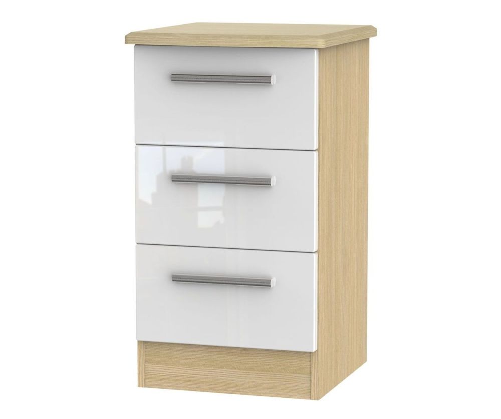 Welcome Furniture Knightsbridge High Gloss White and Light Oak 3 Drawer Locker Bedside Cabinet