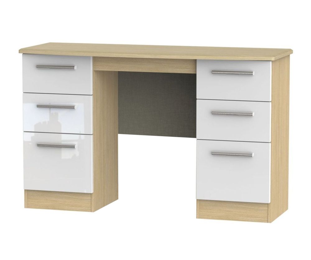 Welcome Furniture Knightsbridge High Gloss White and Light Oak Kneehole Double Pedestal Dressing Table