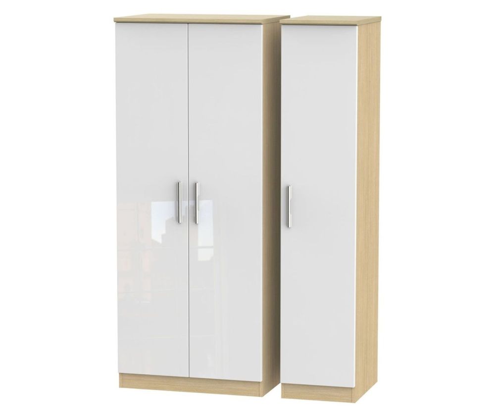 Welcome Furniture Knightsbridge High Gloss White and Light Oak 3 Door Plain Triple Wardrobe