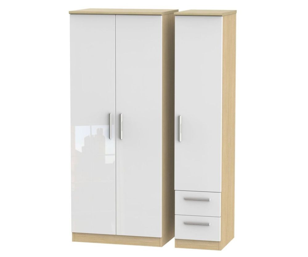 Welcome Furniture Knightsbridge High Gloss White and Light Oak 3 Door 2 Drawer Plain Triple Wardrobe