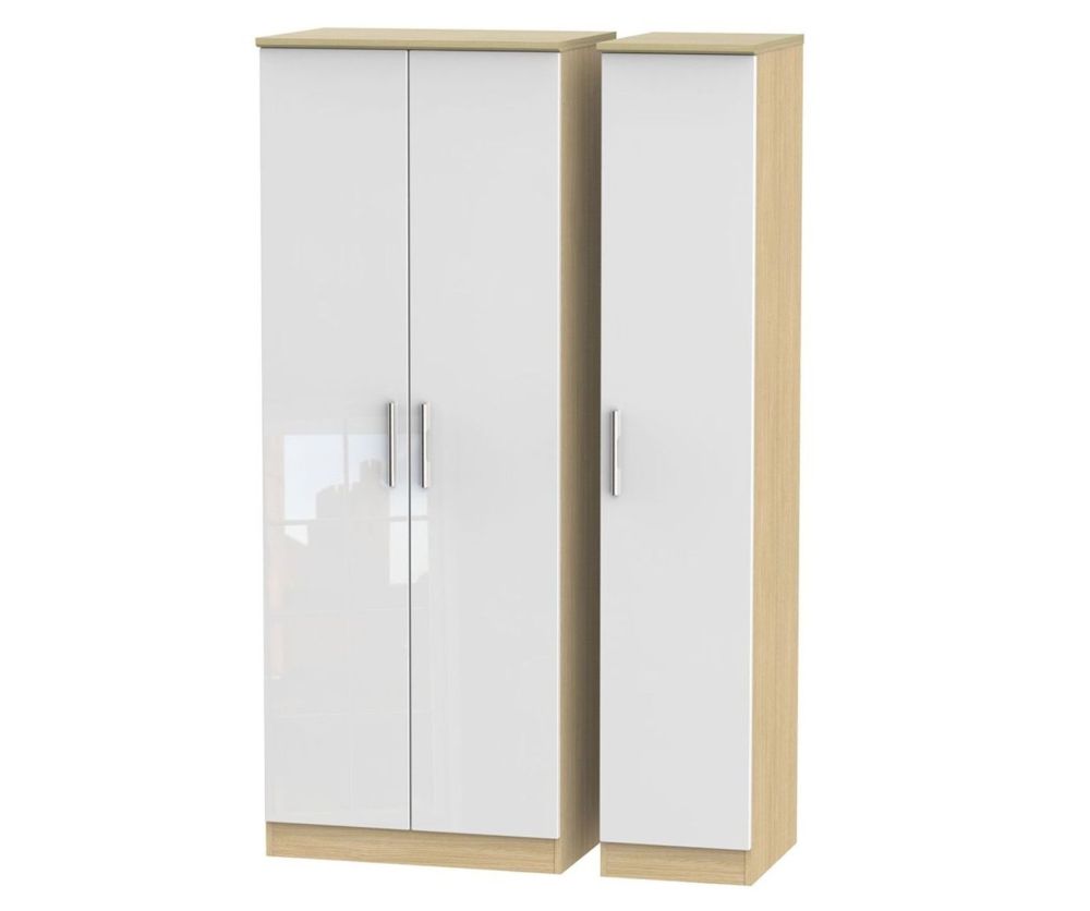 Welcome Furniture Knightsbridge High Gloss White and Light Oak 3 Door Tall Plain Triple Wardrobe