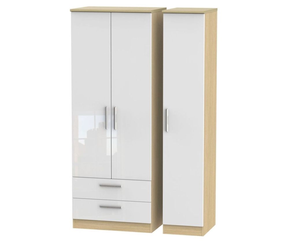 Welcome Furniture Knightsbridge High Gloss White and Light Oak 3 Door 2 Drawer Tall Triple Wardrobe