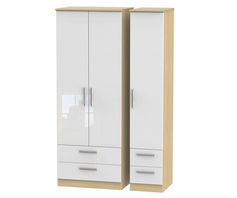 Welcome Furniture Knightsbridge High Gloss White and Light Oak 3 Door 4 Drawer Triple Wardrobe