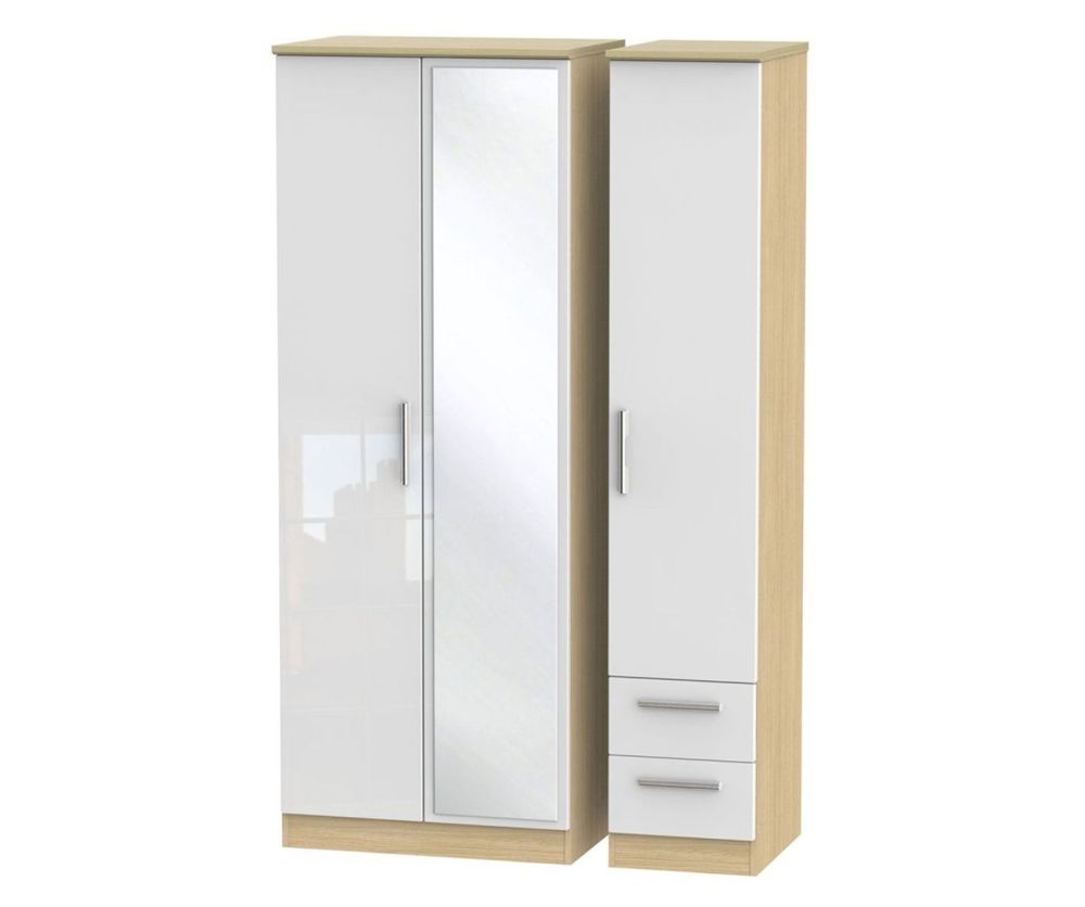 Welcome Furniture Knightsbridge High Gloss White and Light Oak 3 Door 2 Drawer Tall Mirror Triple Wardrobe