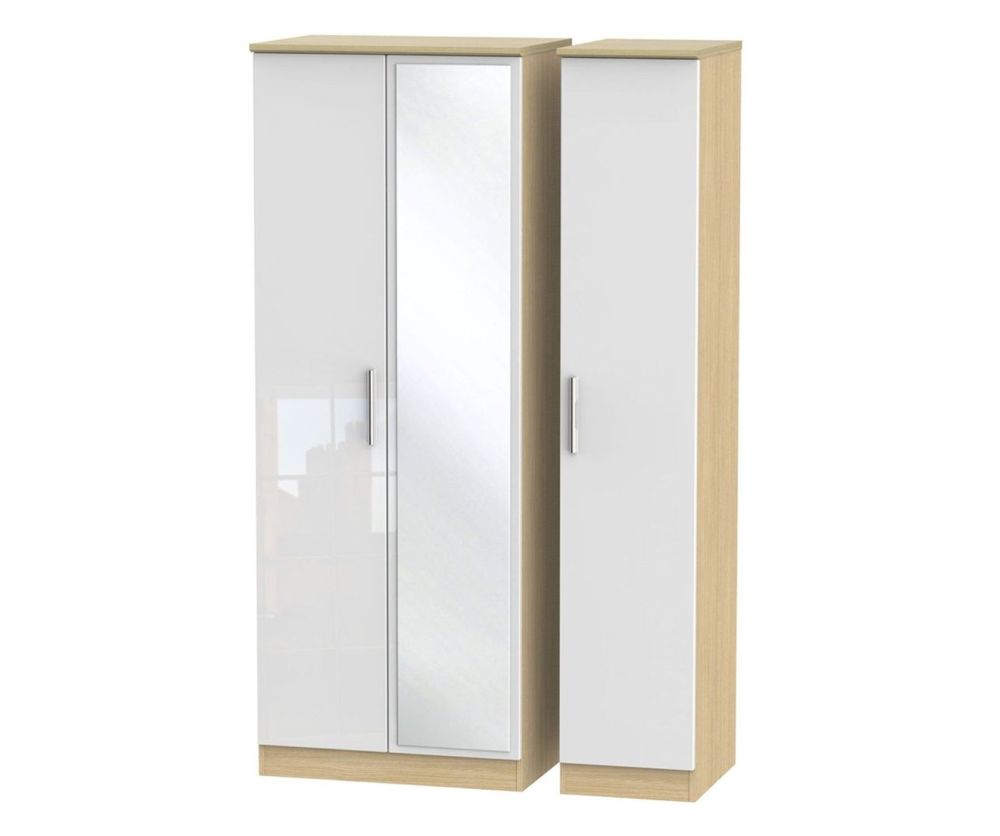 Welcome Furniture Knightsbridge High Gloss White and Light Oak 3 Door Tall Mirror Triple Wardrobe