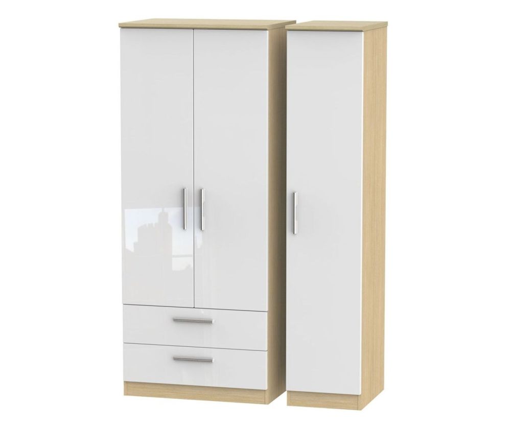 Welcome Furniture Knightsbridge High Gloss White and Light Oak 3 Door 2 Drawer Triple Wardrobe