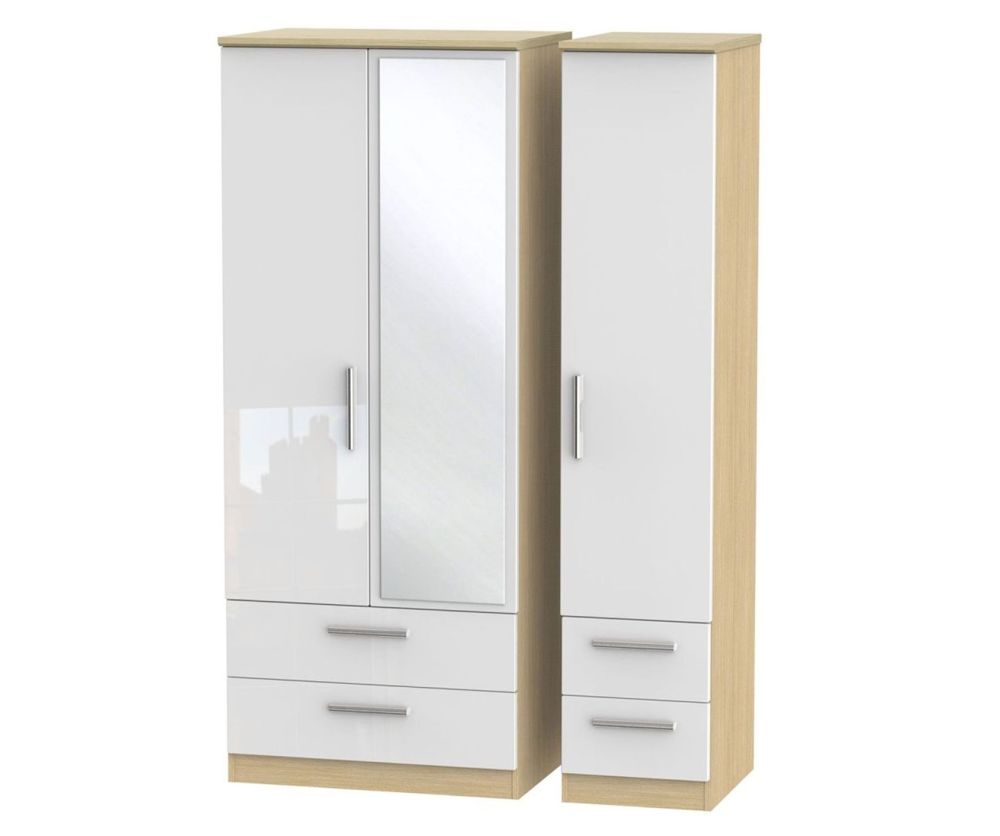 Welcome Furniture Knightsbridge High Gloss White and Light Oak 3 Door 4 Drawer Mirror Triple Wardrobe