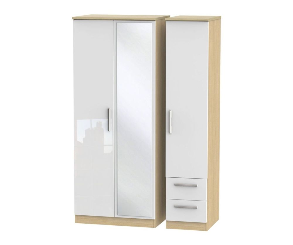 Welcome Furniture Knightsbridge High Gloss White and Light Oak 3 Door 2 Drawer Mirror Triple Wardrobe