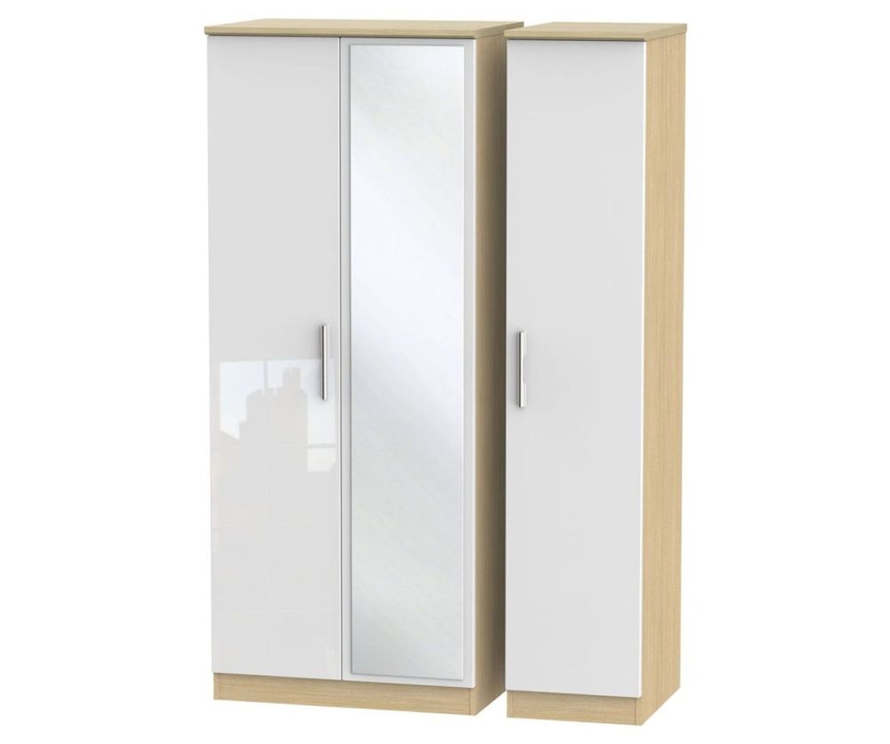 Welcome Furniture Knightsbridge High Gloss White and Light Oak 3 Door Mirror Triple Wardrobe