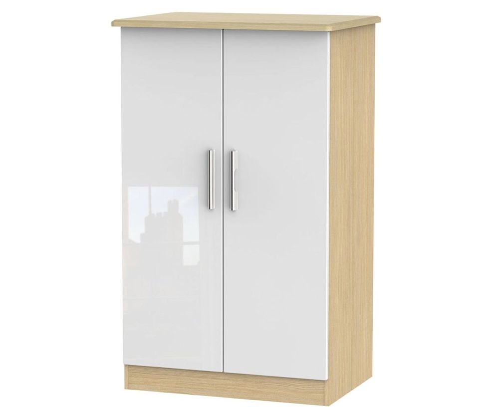 Welcome Furniture Knightsbridge High Gloss White and Light Oak 2 Door Plain Midi Wardrobe