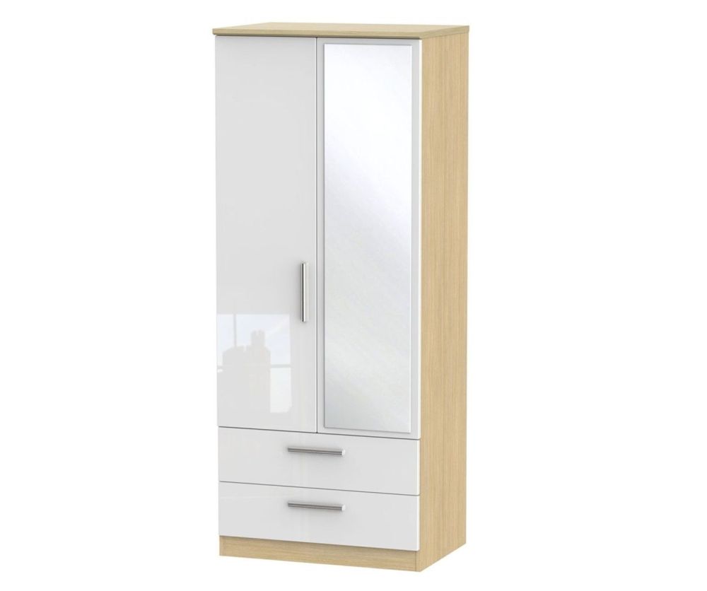 Welcome Furniture Knightsbridge High Gloss White and Light Oak 2 Door 2 Drawer Mirror Wardrobe