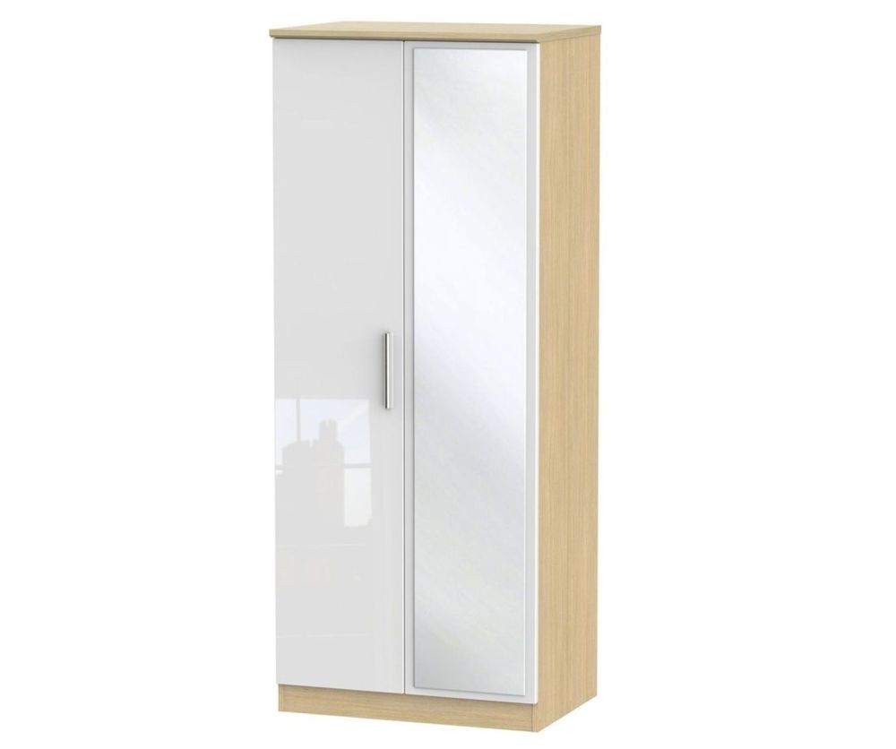 Welcome Furniture Knightsbridge High Gloss White and Light Oak 2 Door Mirror Wardrobe