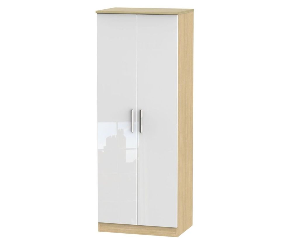 Welcome Furniture Knightsbridge High Gloss White and Light Oak 2 Door Tall Plain Double Wardrobe