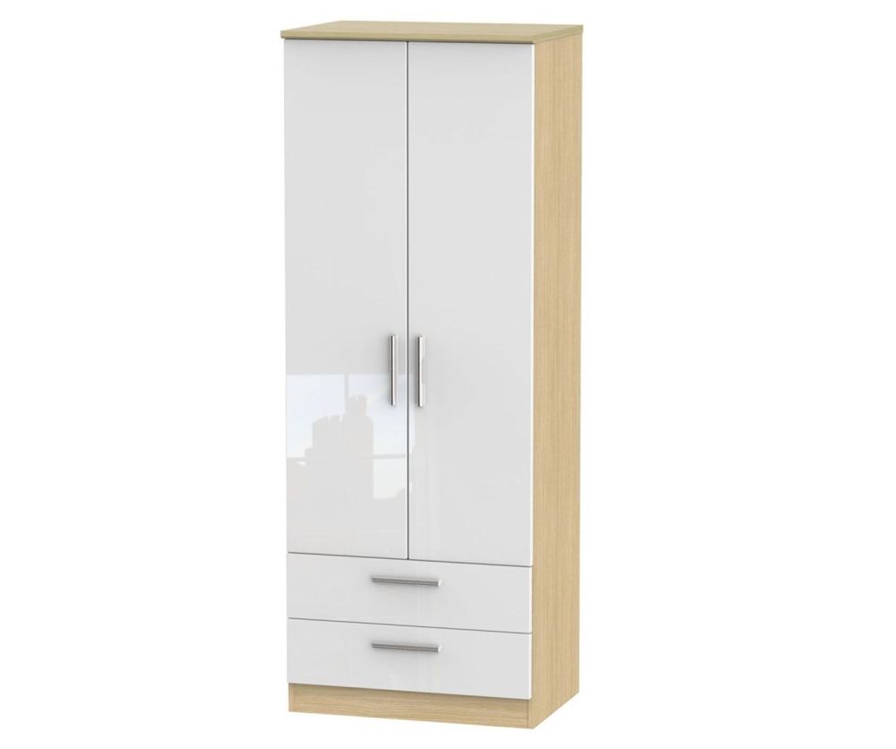 Welcome Furniture Knightsbridge High Gloss White and Light Oak 2 Door 2 Drawer Tall Double Wardrobe