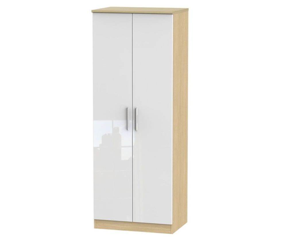 Welcome Furniture Knightsbridge High Gloss White and Light Oak 2 Door Tall Double Hanging Wardrobe