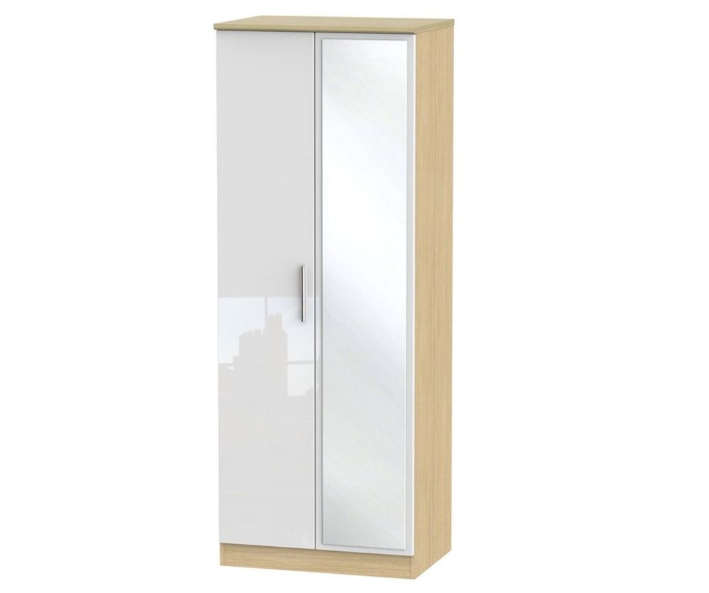 Welcome Furniture Knightsbridge High Gloss White and Light Oak 2 Door Tall Mirror Double Wardrobe