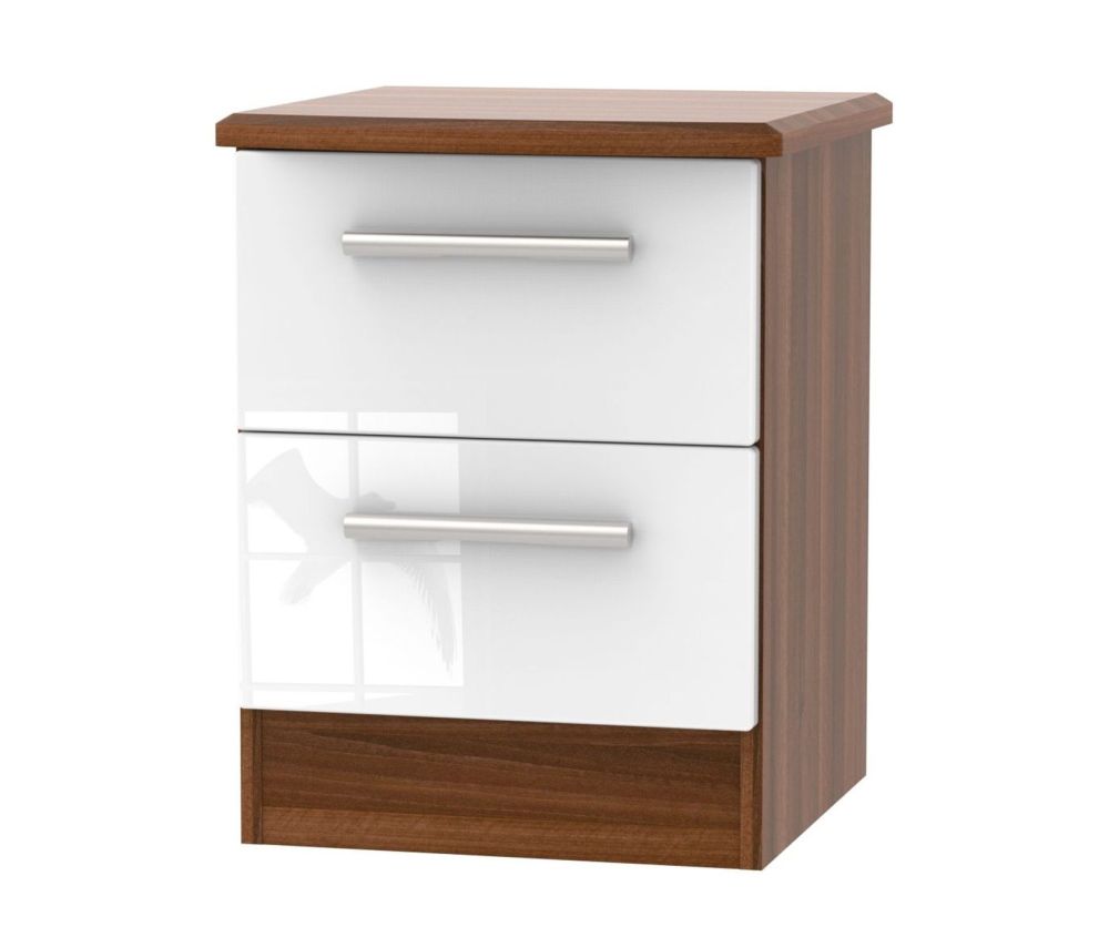 Welcome Furniture Knightsbridge High Gloss White And Noche Walnut 2 Drawer Locker Bedside Cabinet