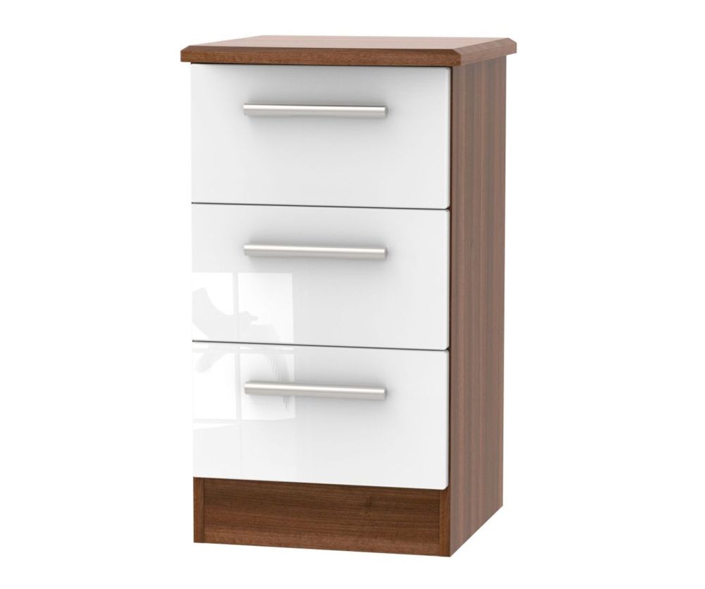 Welcome Furniture Knightsbridge High Gloss White And Noche Walnut 3 Drawer Locker Bedside Cabinet