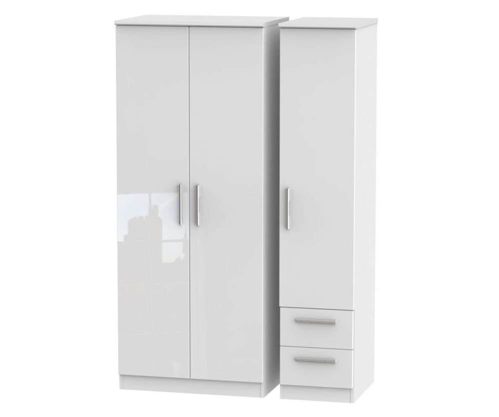 Welcome Furniture Knightsbridge High Gloss White 3 Door 2 Drawer Plain Triple Wardrobe