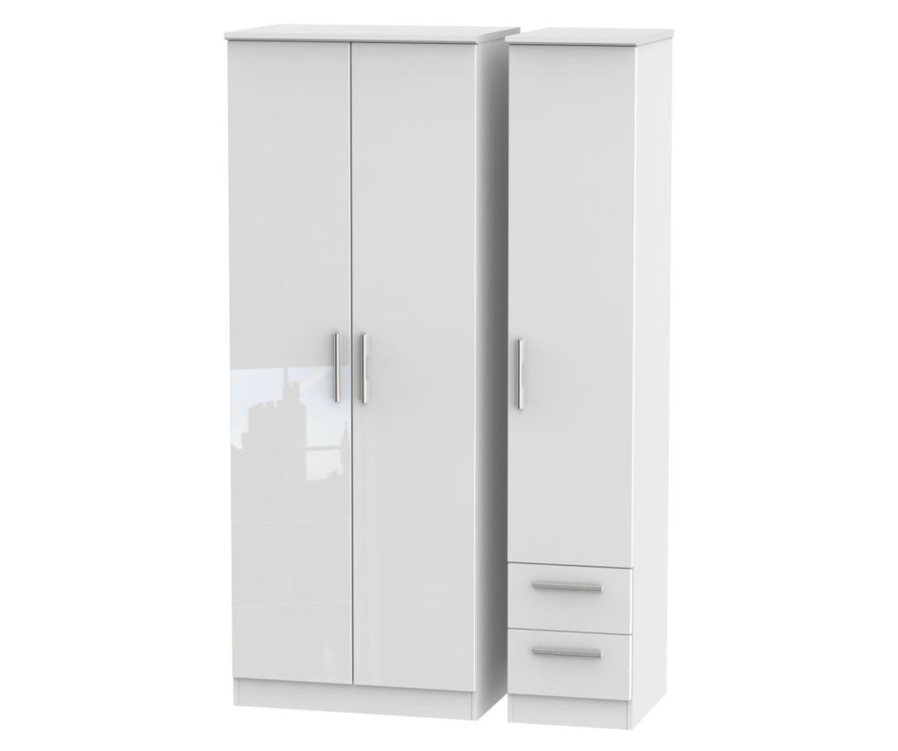 Welcome Furniture Knightsbridge High Gloss White 3 Door 2 Drawer Tall Plain Triple Wardrobe
