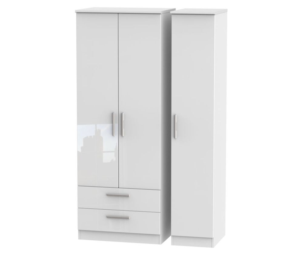 Welcome Furniture Knightsbridge High Gloss White 3 Door 2 Drawer Tall Triple Wardrobe