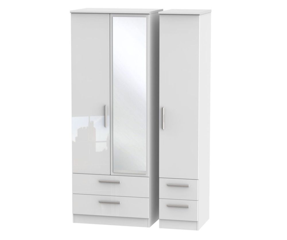 Welcome Furniture Knightsbridge High Gloss White 3 Door 4 Drawer Tall Mirror Triple Wardrobe