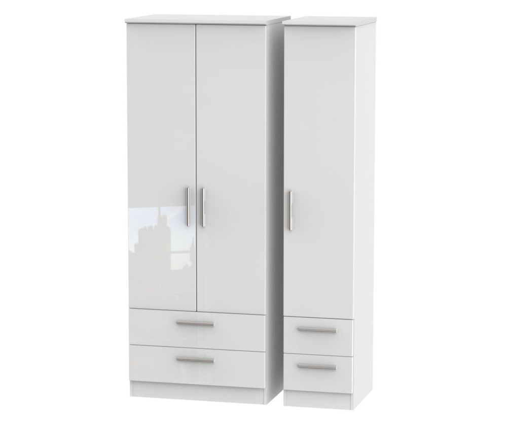 Welcome Furniture Knightsbridge High Gloss White 3 Door 4 Drawer Tall Triple Wardrobe