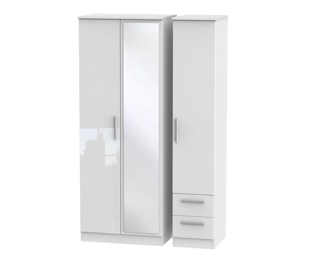Welcome Furniture Knightsbridge High Gloss White 3 Door 2 Drawer Tall Mirror Triple Wardrobe