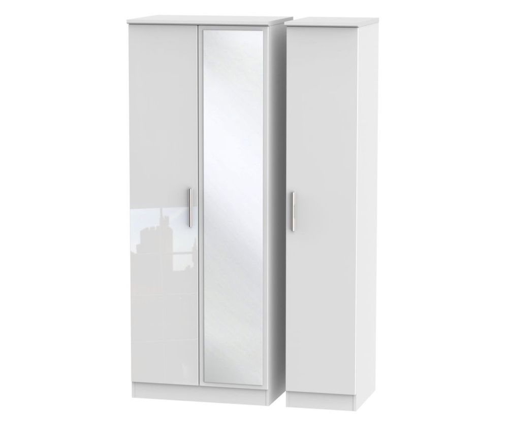 Welcome Furniture Knightsbridge High Gloss White 3 Door Tall Mirror Triple Wardrobe