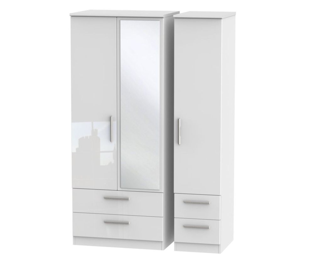Welcome Furniture Knightsbridge High Gloss White 3 Door 4 Drawer Mirror Triple Wardrobe