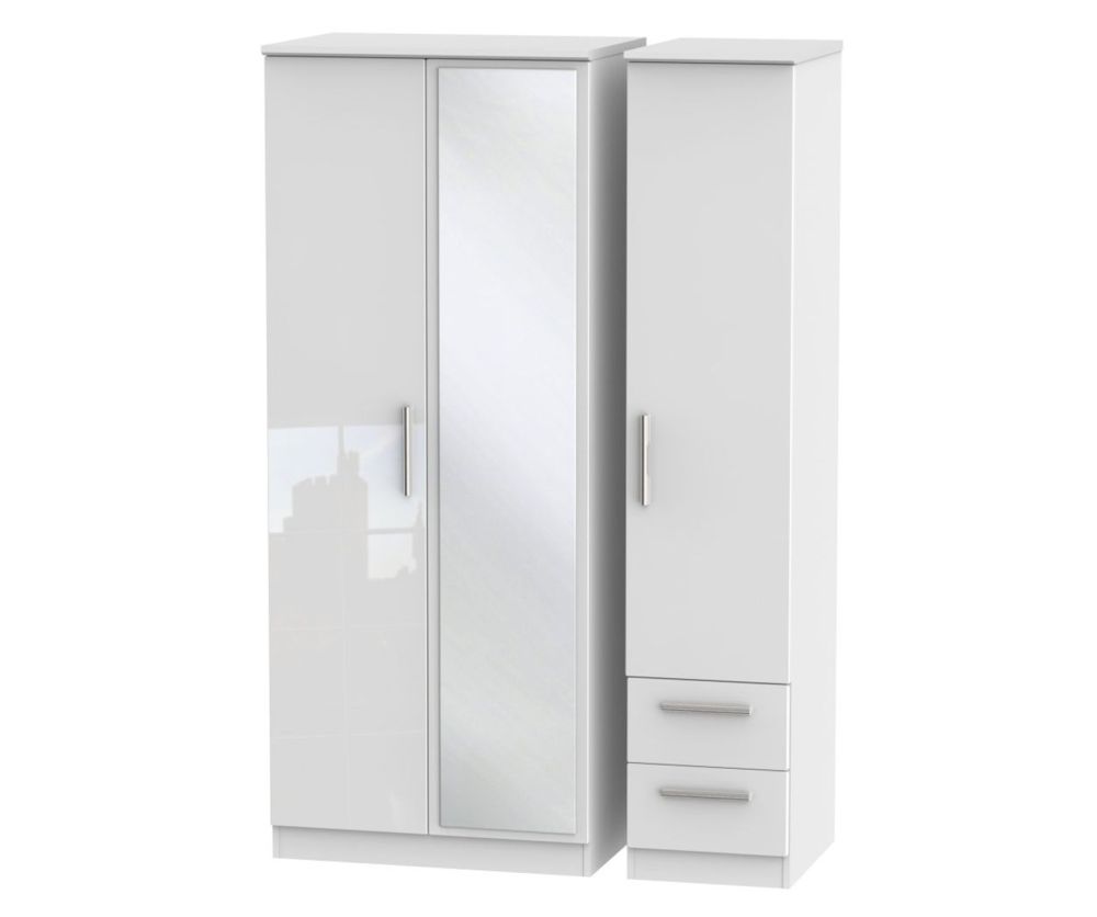 Welcome Furniture Knightsbridge High Gloss White 3 Door 2 Drawer Mirror Triple Wardrobe