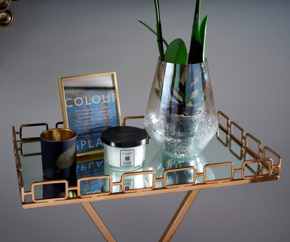 Serene Furnishings Korba Mirrored Glass and Antique Gold Tray Table