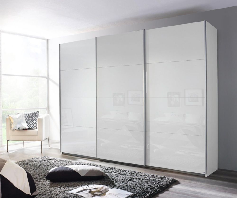 Rauch Kulmbach High Polish White Front 3 Sliding Door Wardrobe with Aluminum Colour Handle Strips(W203cm)