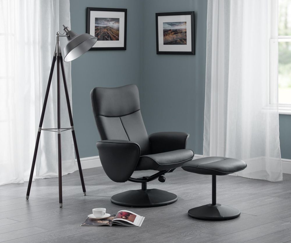 Julian Bowen Lugano Black Faux Leather Recline Chair and Stool