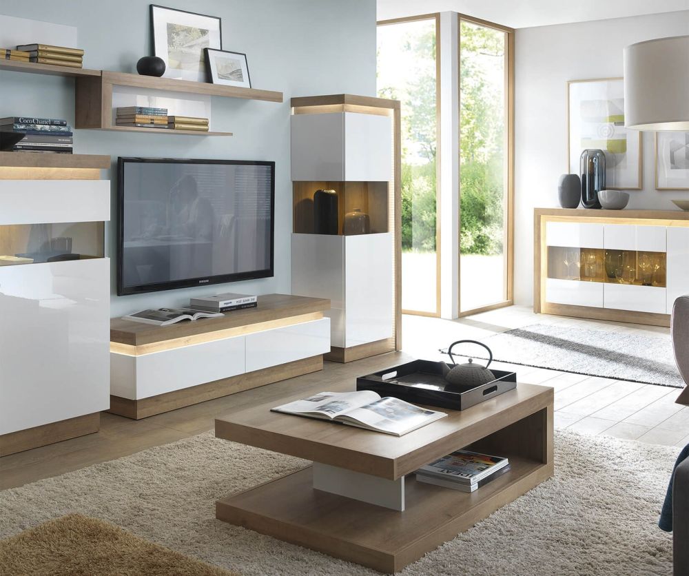 FTG Lyon Riviera Oak and White High Gloss 2 Drawer TV Cabinet