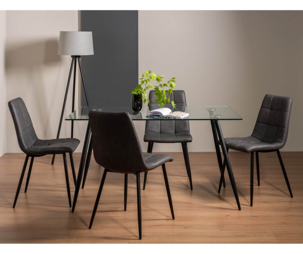 Bentley Designs Martini Clear Tempered Glass Dining Table and 4 Mondrian Dark Grey Faux Leather Chairs with Sand Black Legs