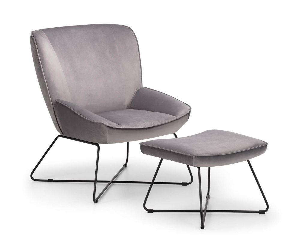 Julian Bowen Mila Grey Velvet Fabric Accent Chair and Stool