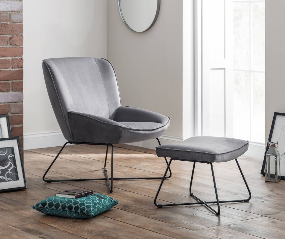 Julian Bowen Mila Grey Velvet Fabric Accent Chair and Stool
