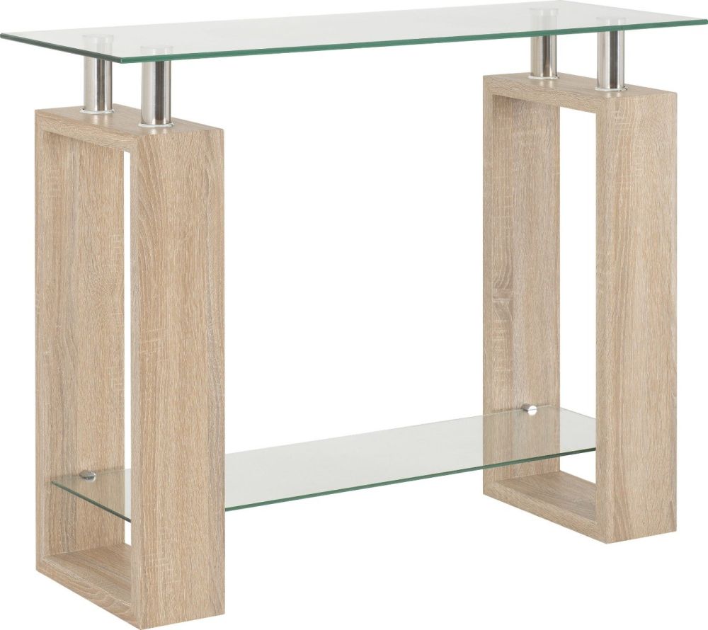 Seconique Furniture Milan Sonoma Oak Effect Veneer Console Table with Clear Glass 