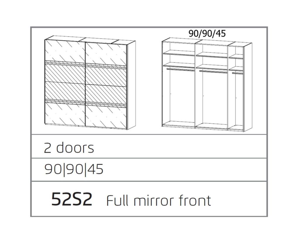 Rauch Miramar Graphite Carcase with Basalt Glass 2 Mirror Door Sliding Wardrobe(W226cm)