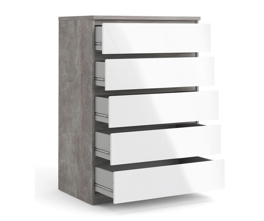 FTG Naia Concrete and White High Gloss 5 Drawer Chest