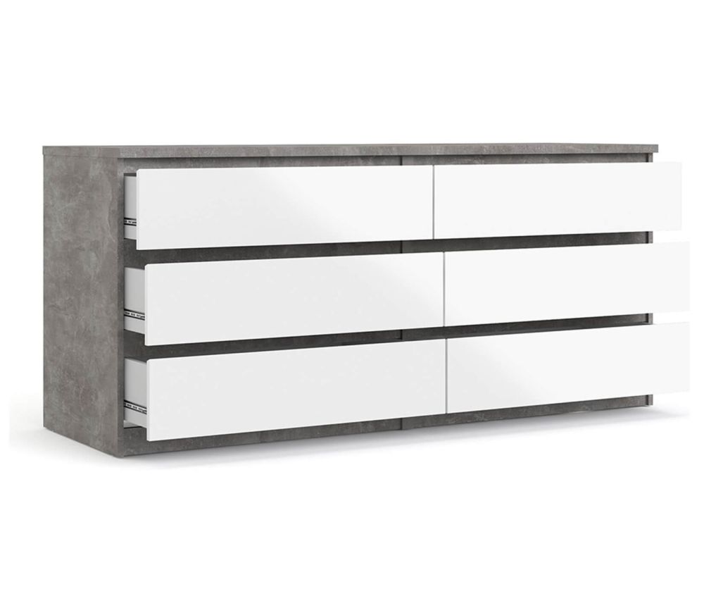 FTG Naia Concrete and White High Gloss (3+3) 6 Drawer Wide Chest